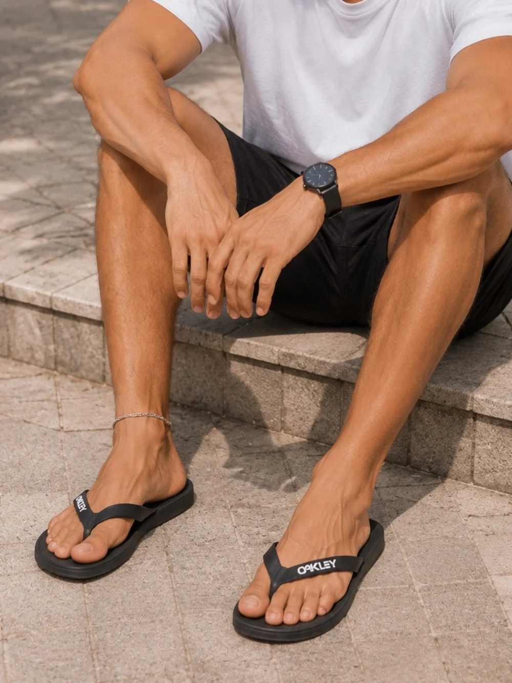 Oakley Men's Black Flip-Flops with White Logo